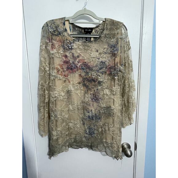 Y2K Brittany Black Shirt Large Cream Floral Lace Bell Sleeves Fairy Grunge Boho - Picture 1 of 5
